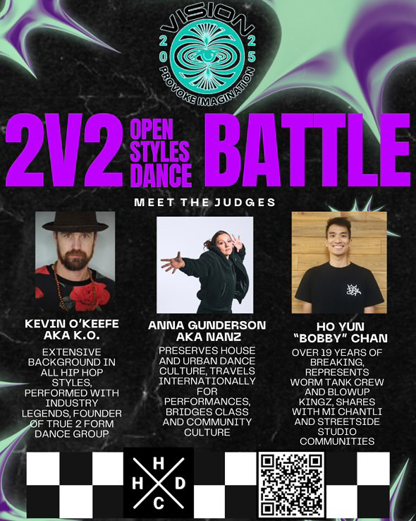 Flyer for Visions 2v2 open-styles dance battle